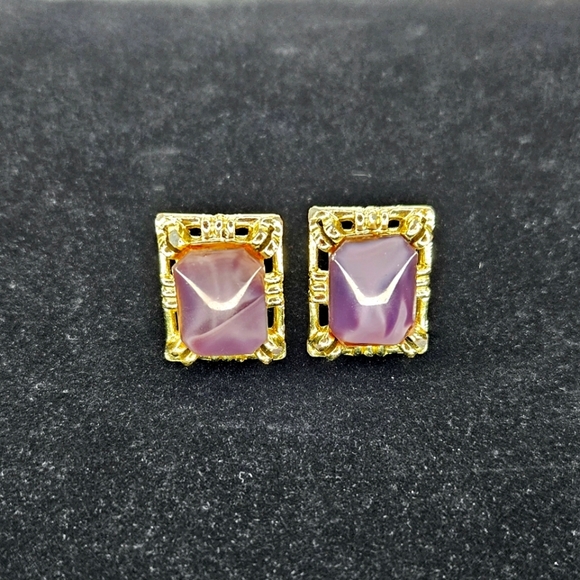 Vintage Lilac and yellow gold Clip on Earrings. Square. - Picture 2 of 5